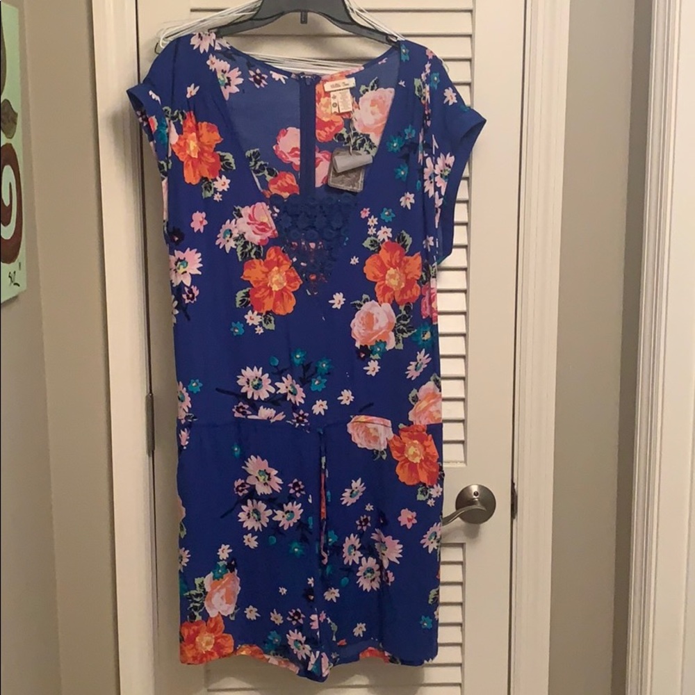 Matilda Jane Royal Blue Floral Short Sleeve Romper with Orange & Pink Blooms